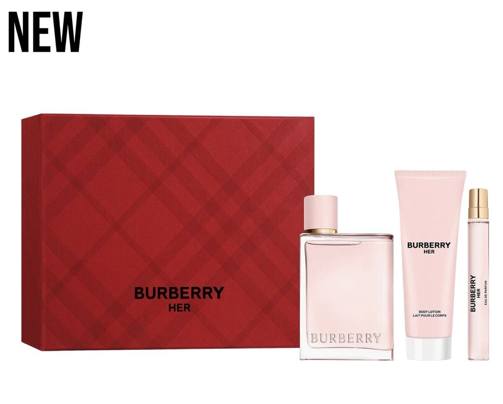 Perfume gift set with red Burberry Her box, pink eau de parfum bottle and lotion tube