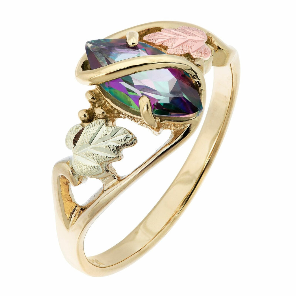 Yellow gold ring with multicolor marquise center stone and pink leaf accent