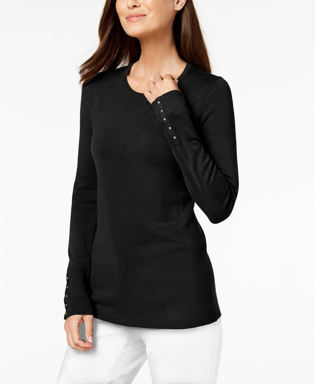 Women’s studded-cuff henley sweater in black, long sleeve with button placket