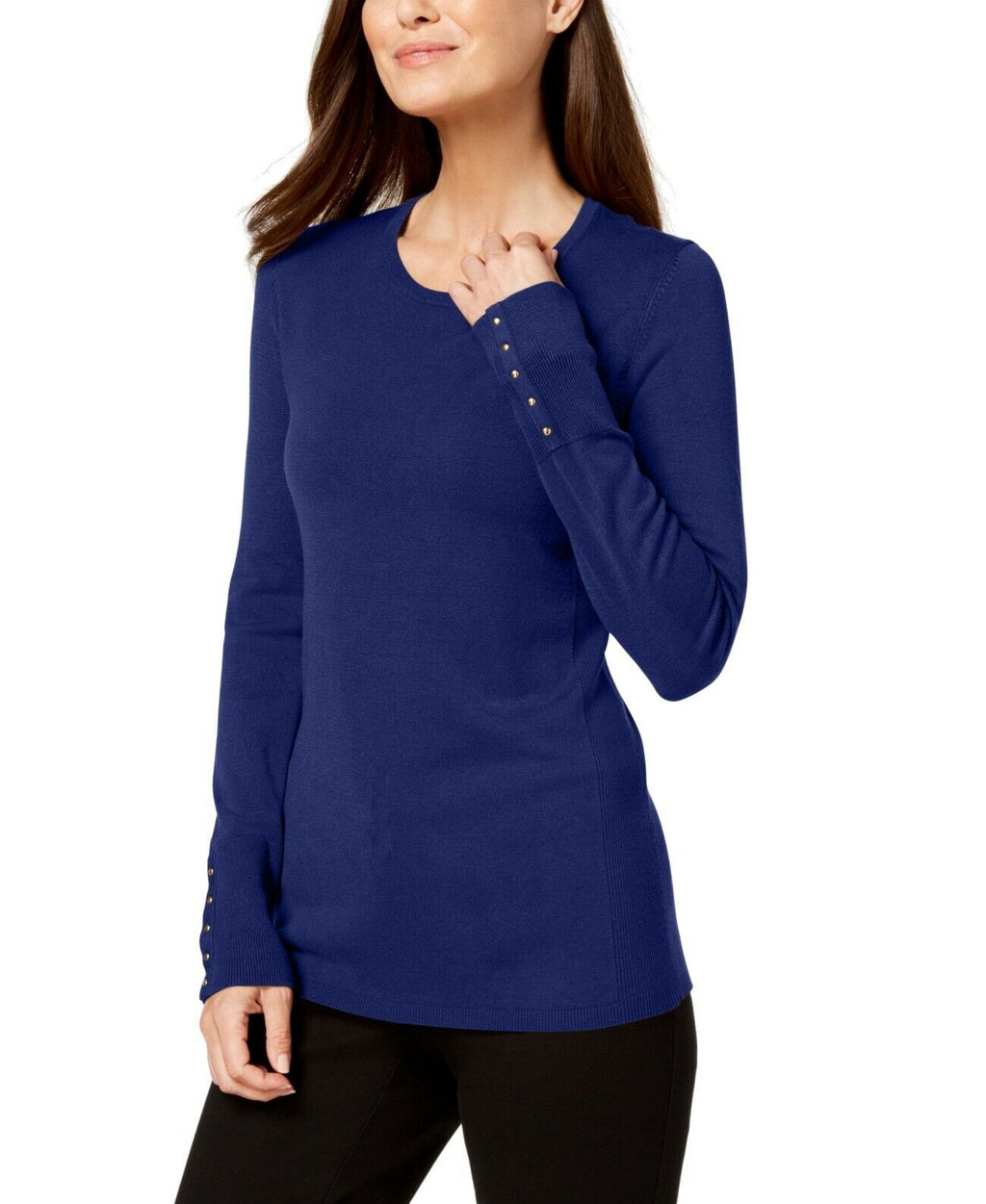 Women’s studded-cuff henley sweater in blue knit, long sleeve with button placket
