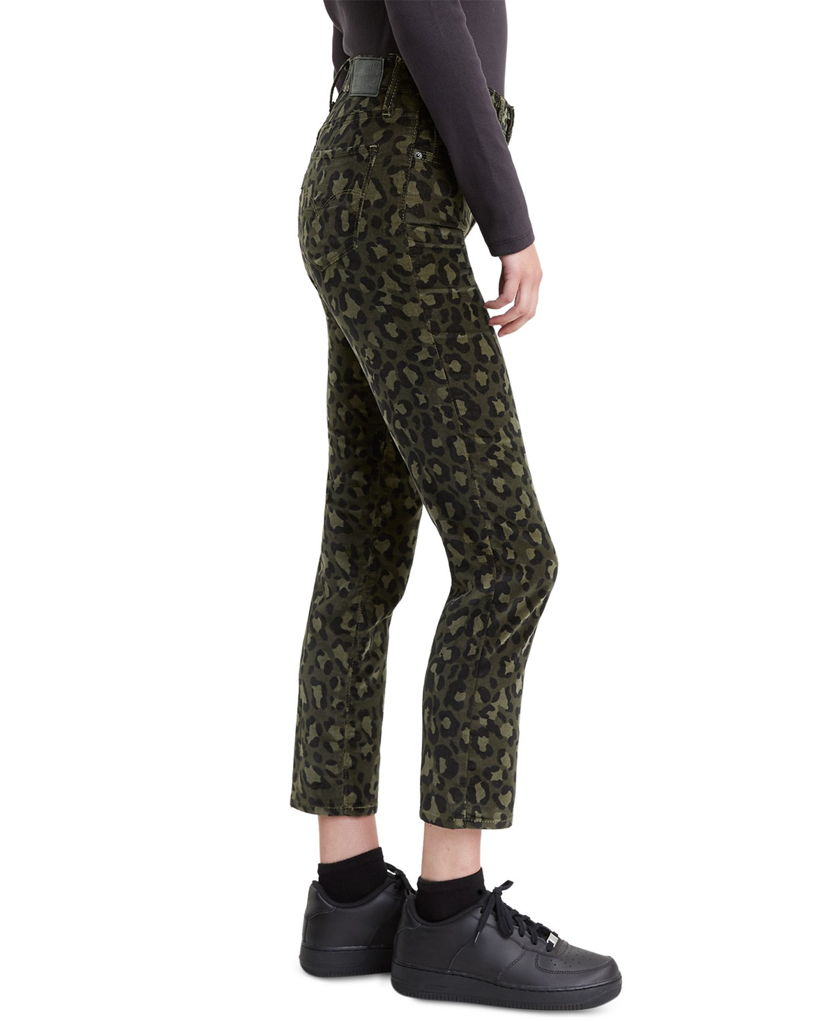 Women’s cropped straight-leg jeans, dark olive cheetah print, ankle-length hem