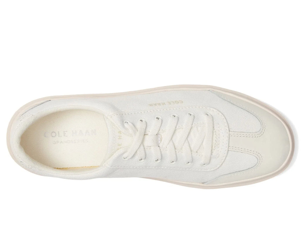Women's Cole Haan GrandPro Rally T-Toe sneakers, top view with laces and woven logo