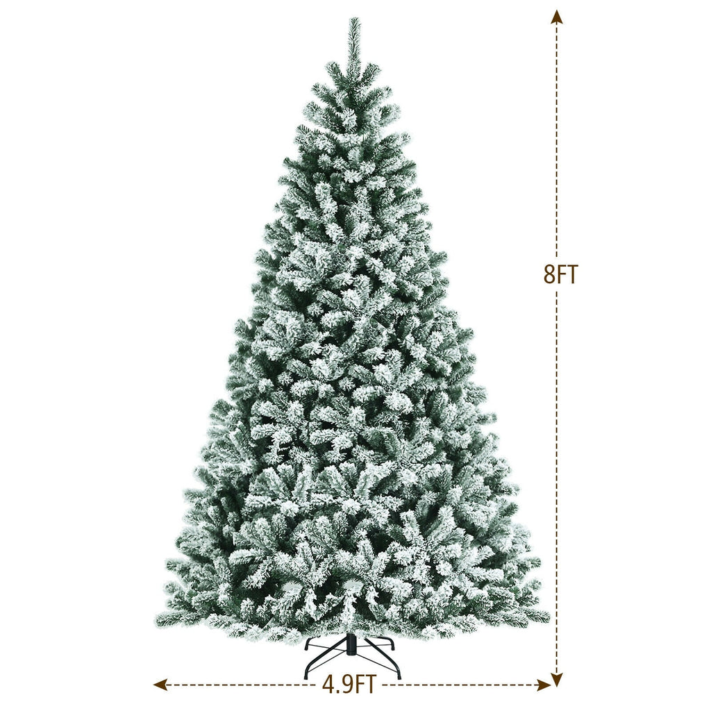 Snow flocked Christmas tree with metal stand, labeled 8FT height and 4.9FT width
