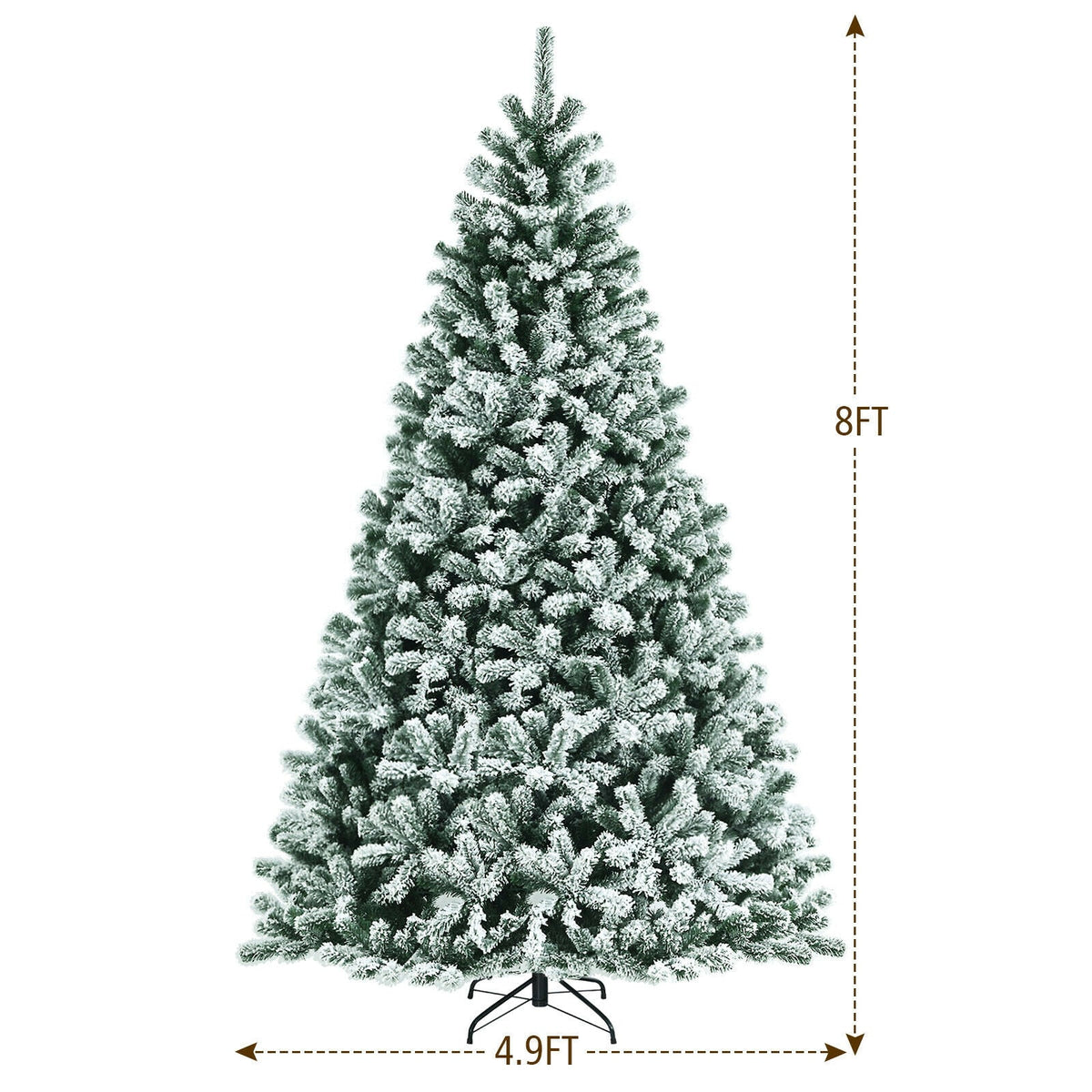 Snow flocked Christmas tree with metal stand, labeled 8FT height and 4.9FT width