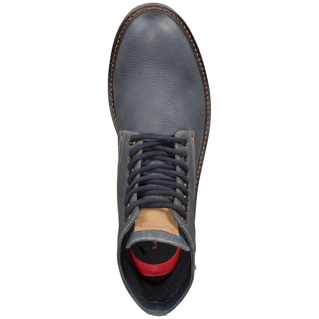 Navy lace-up boot with cushioned collar and tan insole detail, rounded toe