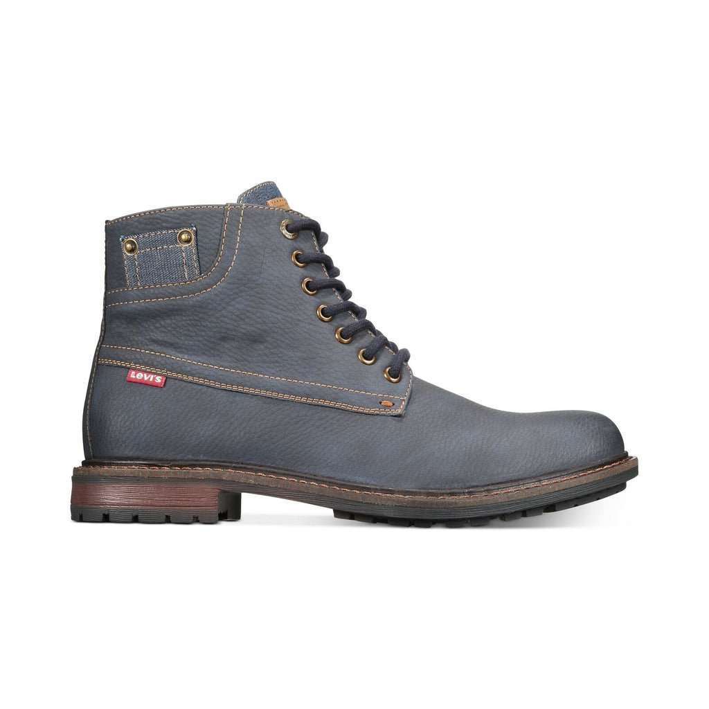 Men's navy high-top work boot with lace-up closure, moc-toe stitching, and brown sole