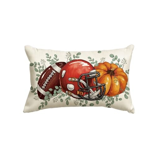Fall pillow cover with football helmet and pumpkin design on cream background