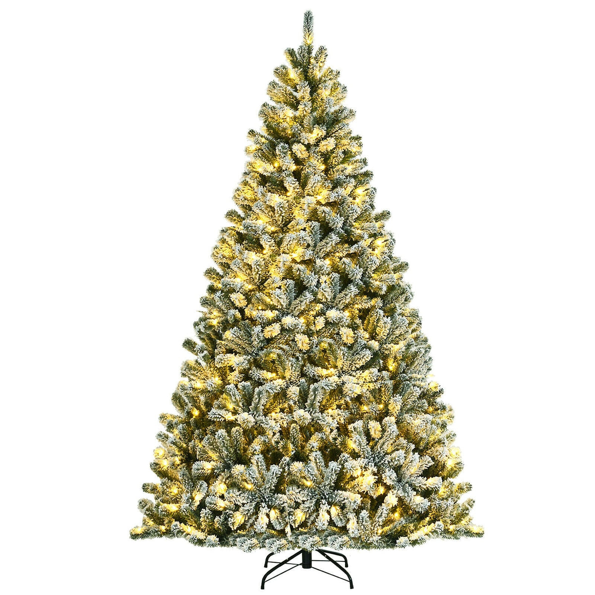 Standalone pre-lit snow flocked Christmas tree with warm yellow lights and metal support stand
