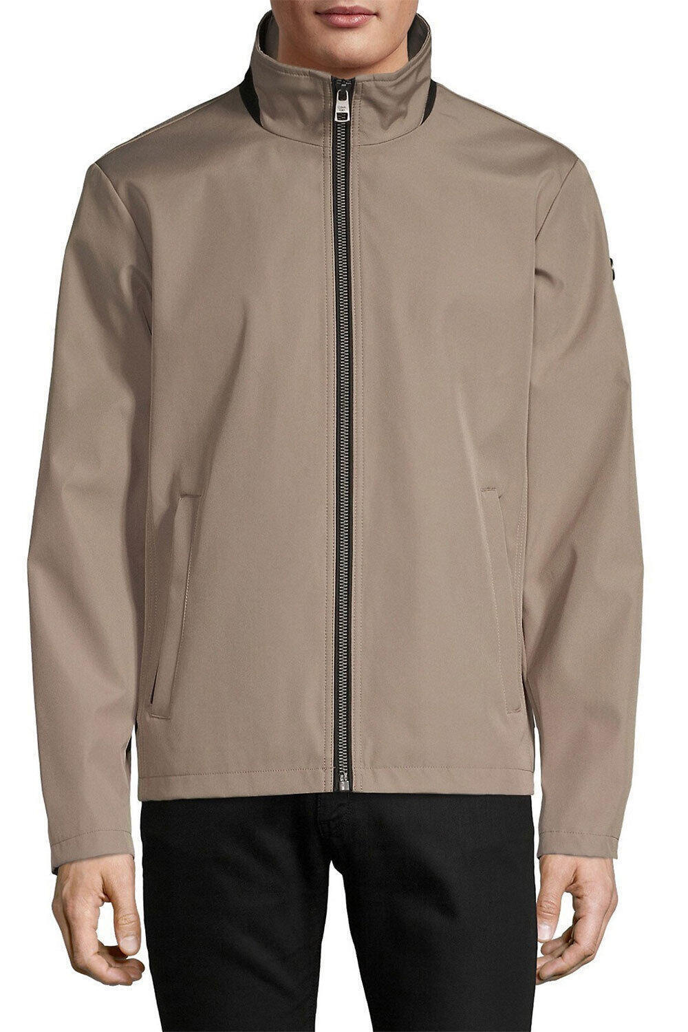 Men's water-resistant full-zip jacket in beige with zip front and high neck