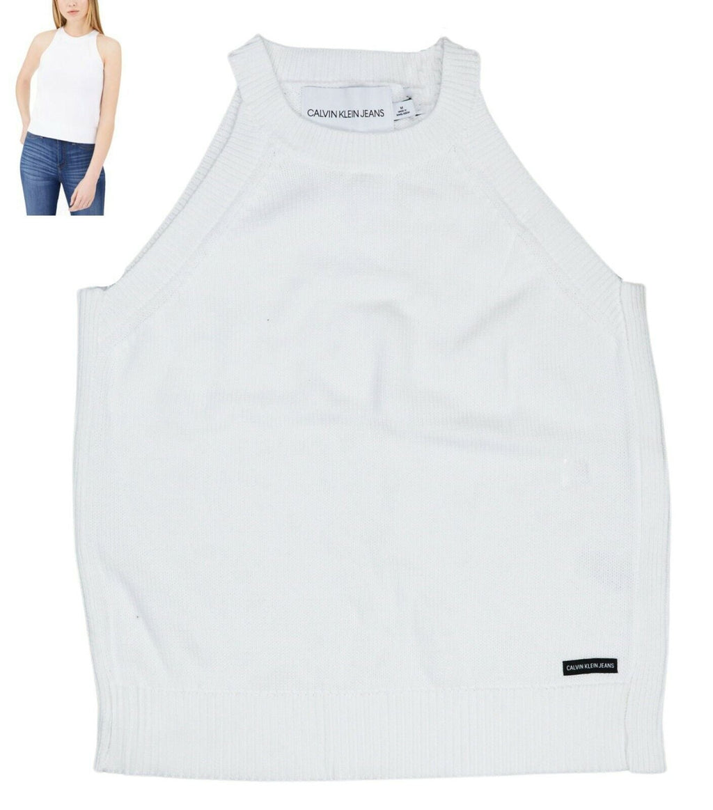 Women's white sleeveless crew-neck knit sweater top, Calvin Klein Jeans logo hem