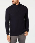 Men's chunky pullover sweater, navy knit turtleneck with ribbed cuffs and hem