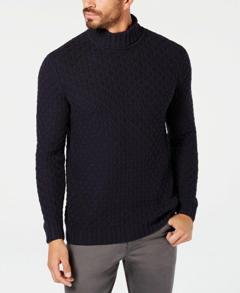 Men's chunky pullover sweater, navy knit turtleneck with ribbed cuffs and hem