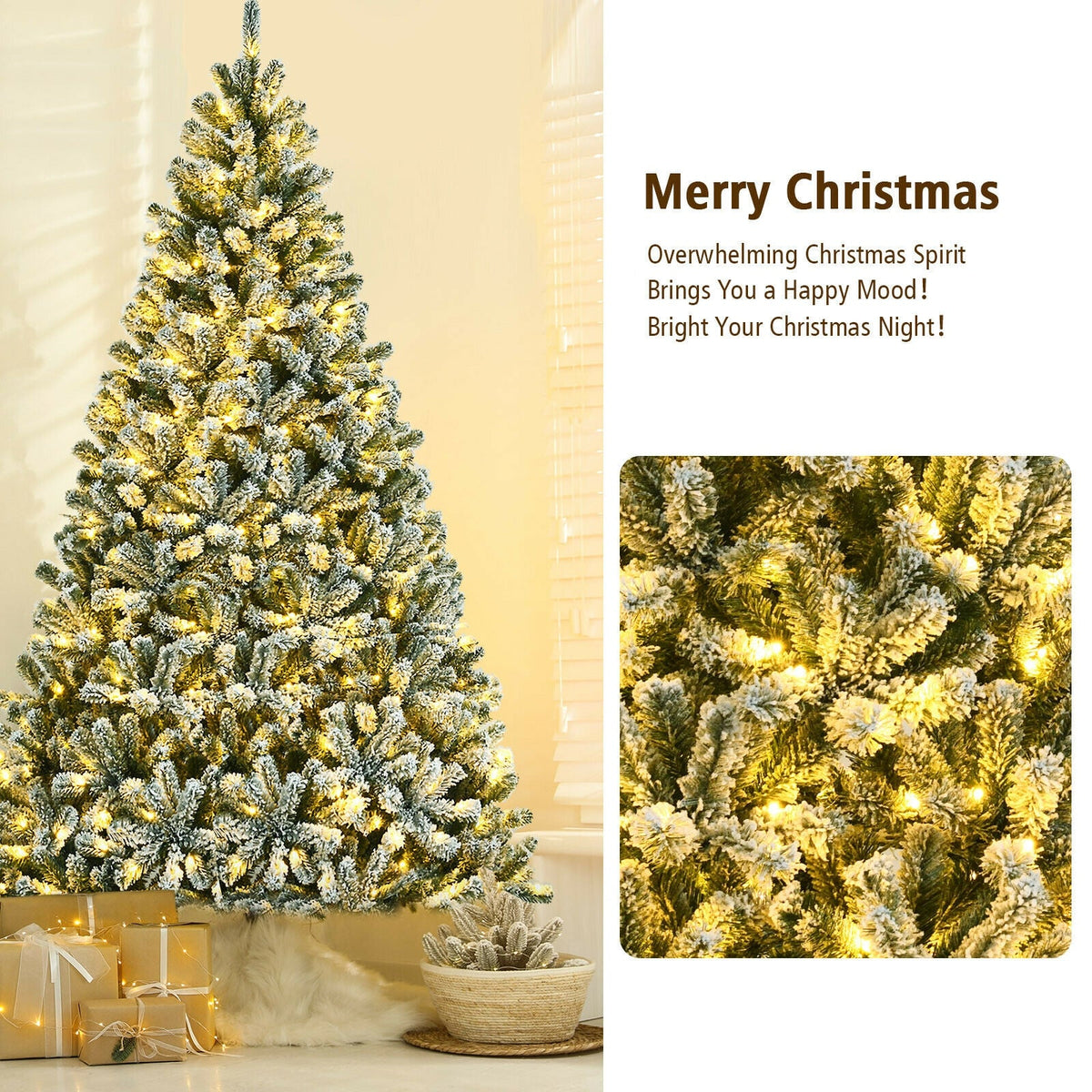 Pre-lit snow flocked Christmas tree with warm yellow lights, shown against a neutral backdrop