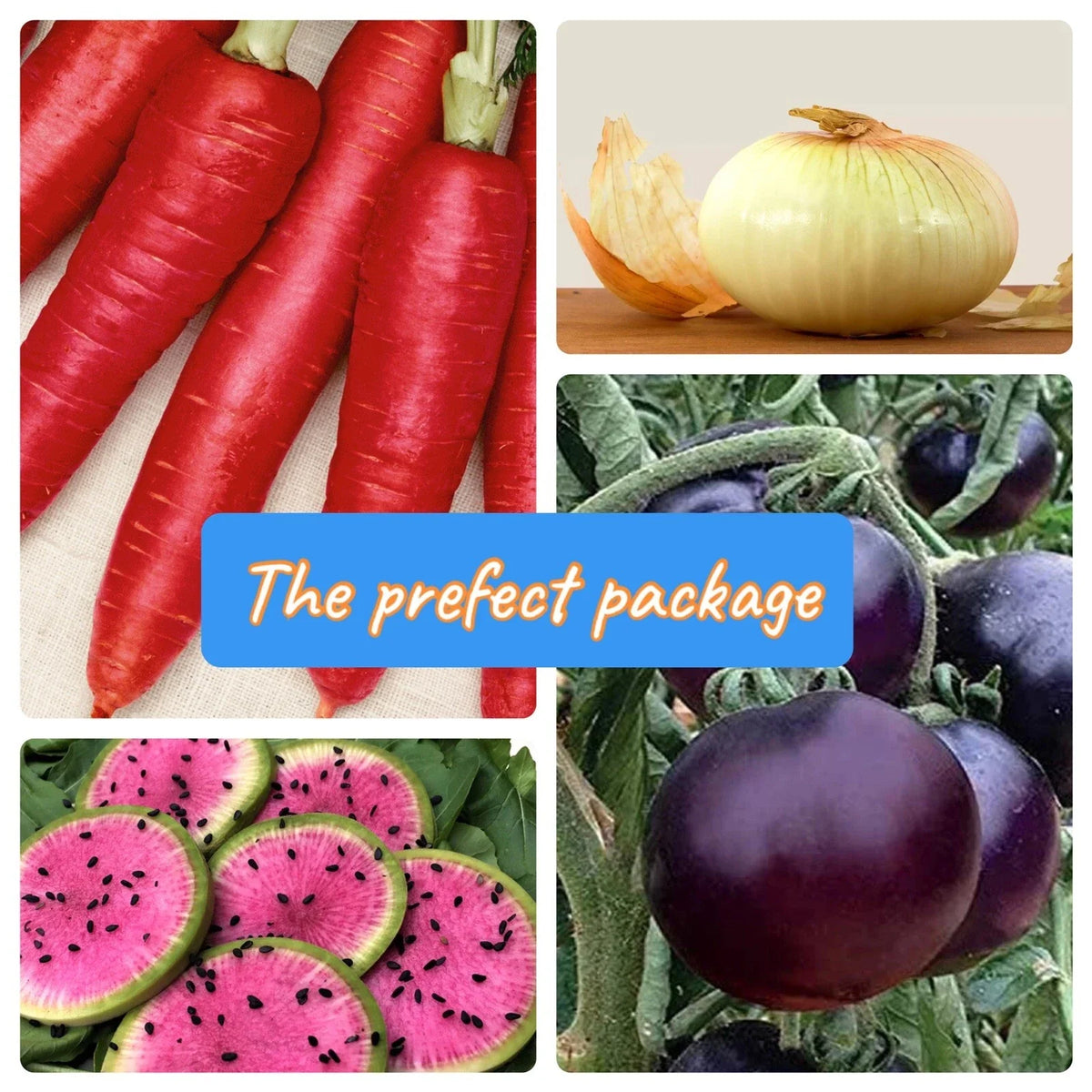 Vegetable seed package collage with 'The prefect package' callout and vegetable photos.