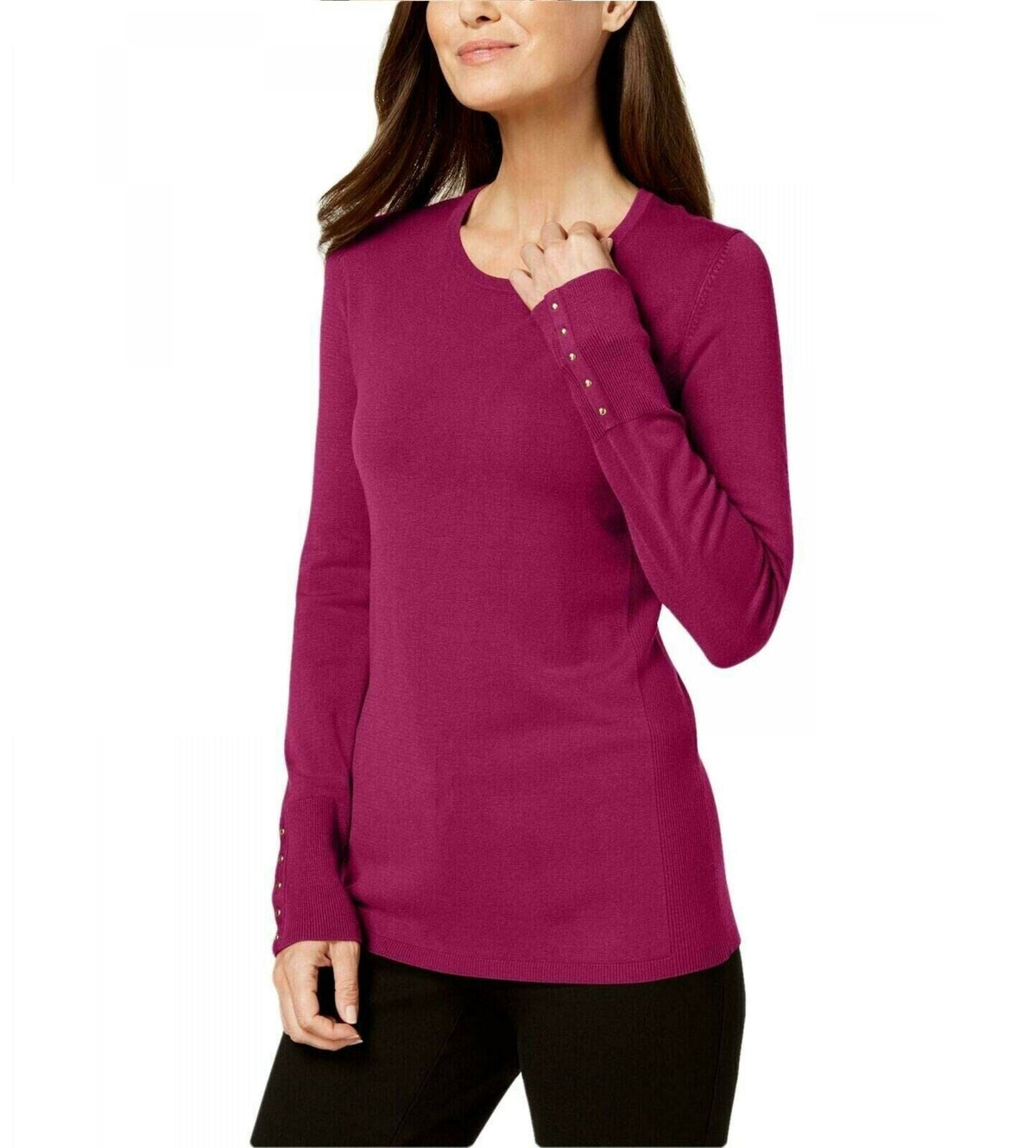 Women’s studded-cuff henley sweater, plum/burgundy knit with half-button neckline