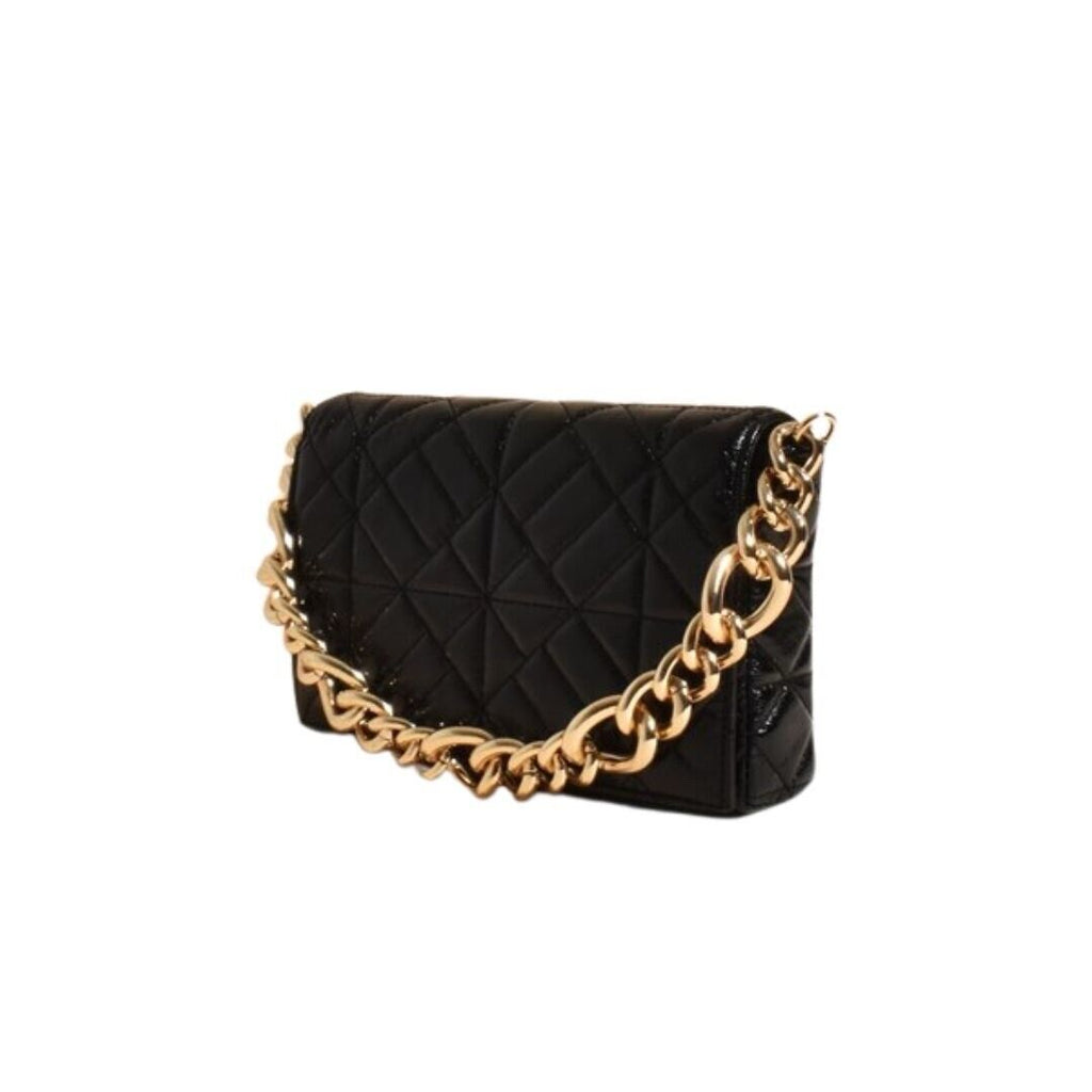 Black quilted shoulder clutch with gold chain strap and curved flap closure