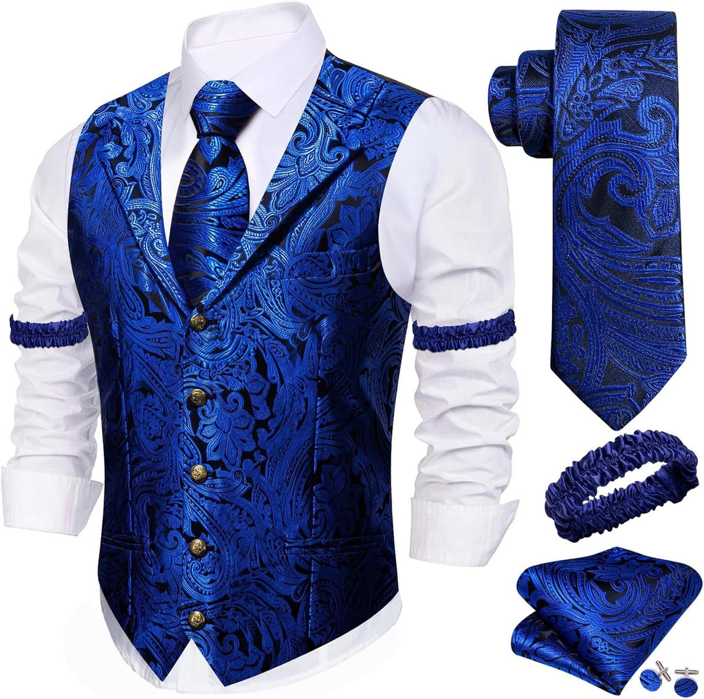 Royal blue paisley silk vest, matching tie, and folded pocket square