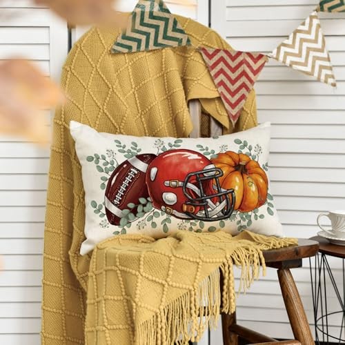 Rectangular pillow cover featuring football helmet and orange pumpkin with green leaf details