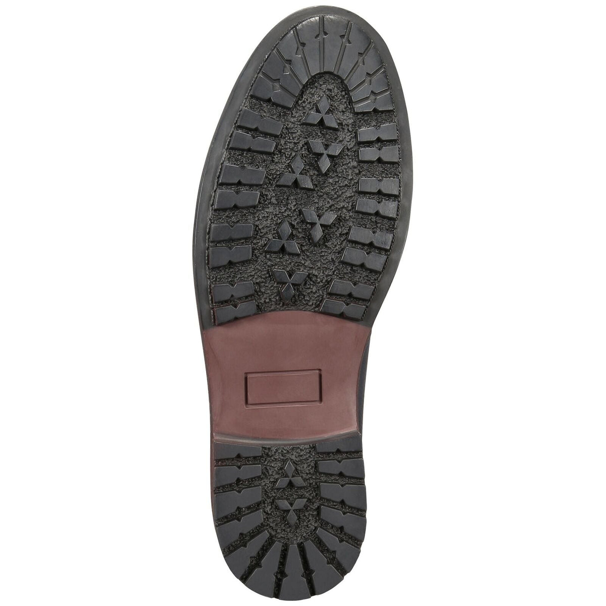 Boot outsole with textured tread pattern and tan leather midfoot panel