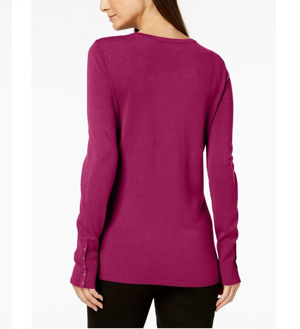 Women’s studded-cuff henley sweater, plum/burgundy knit back view with long sleeves