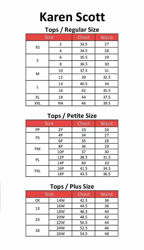 Size chart table for women’s tops: chest and waist by size
