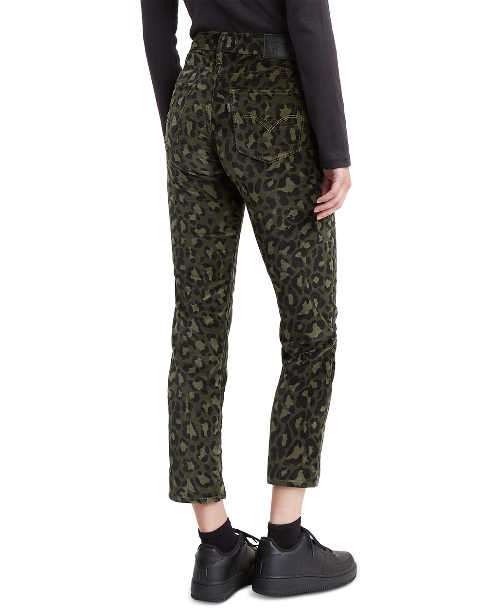 Women’s cropped straight-leg jeans with dark olive cheetah print and belt loops