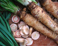Salsify roots with sliced white rounds and brown taproots