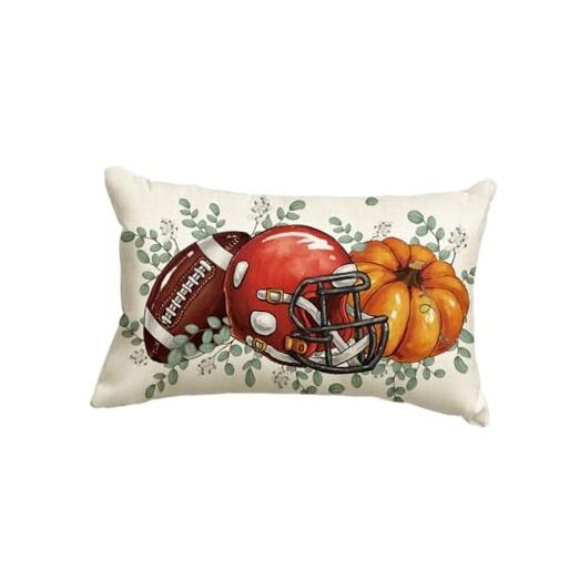 12x20-inch fall pillow cover with football helmet and pumpkin graphic, green leaf accents