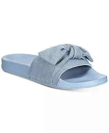 Women's knotted slide slippers in light blue denim, bow-knot strap and flat sole