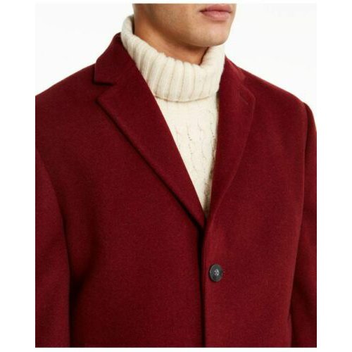 Men's deep red overcoat front view with notched lapels and dark button closure
