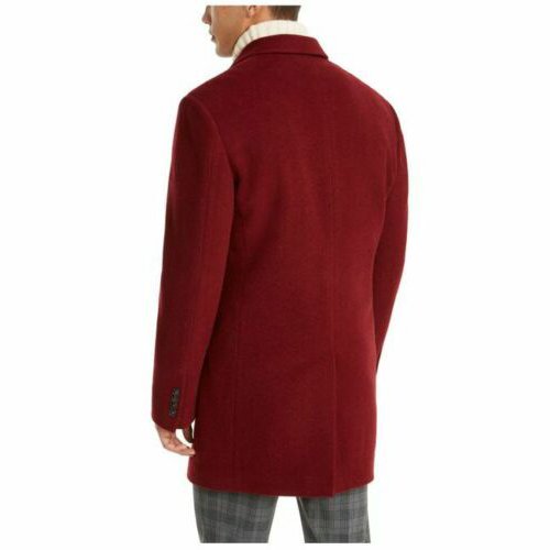 Men's deep red overcoat rear view with long hem and structured shoulders