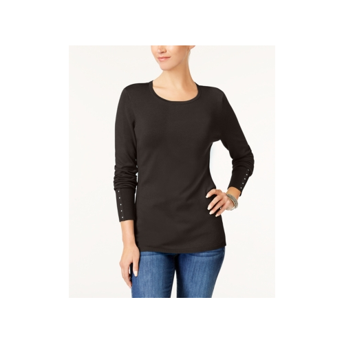 Women’s studded-cuff henley sweater in black knit, long sleeve with button neckline