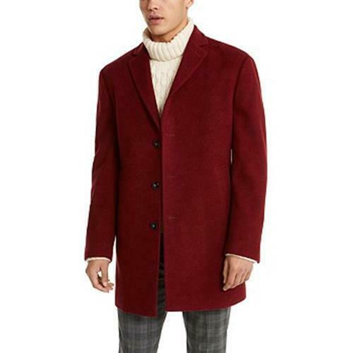 Men's deep red overcoat front view with notched lapels and button placket