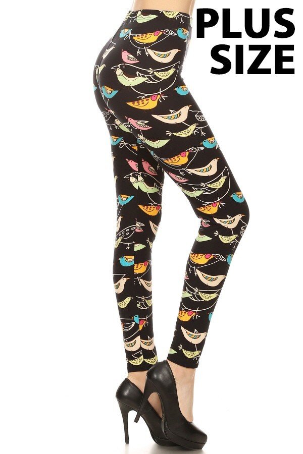 Plus-size brushed ankle leggings with colorful bird print on dark background