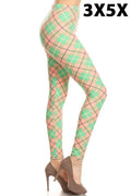 Brushed ankle leggings, light pink and green plaid print, full length