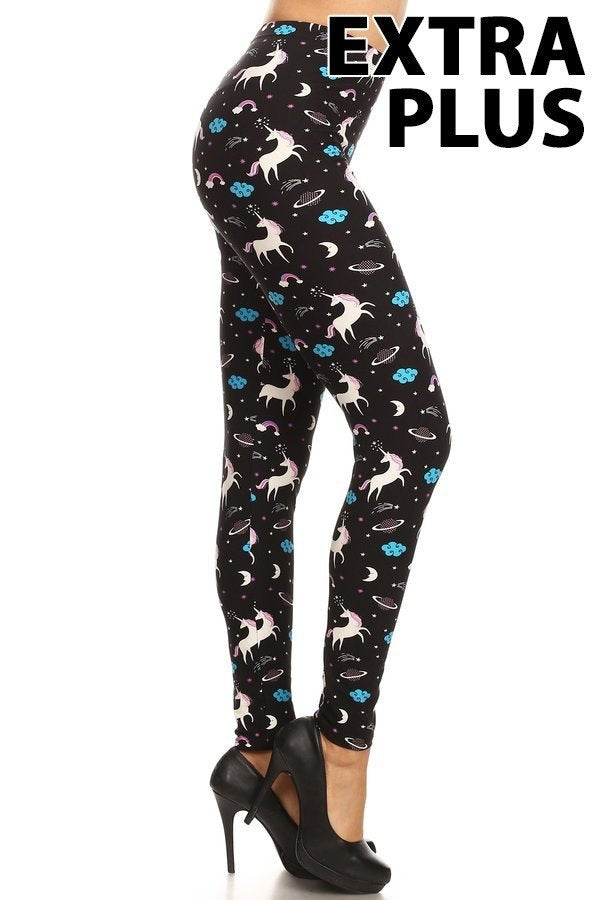 Plus size leggings with black unicorn pattern and teal accents