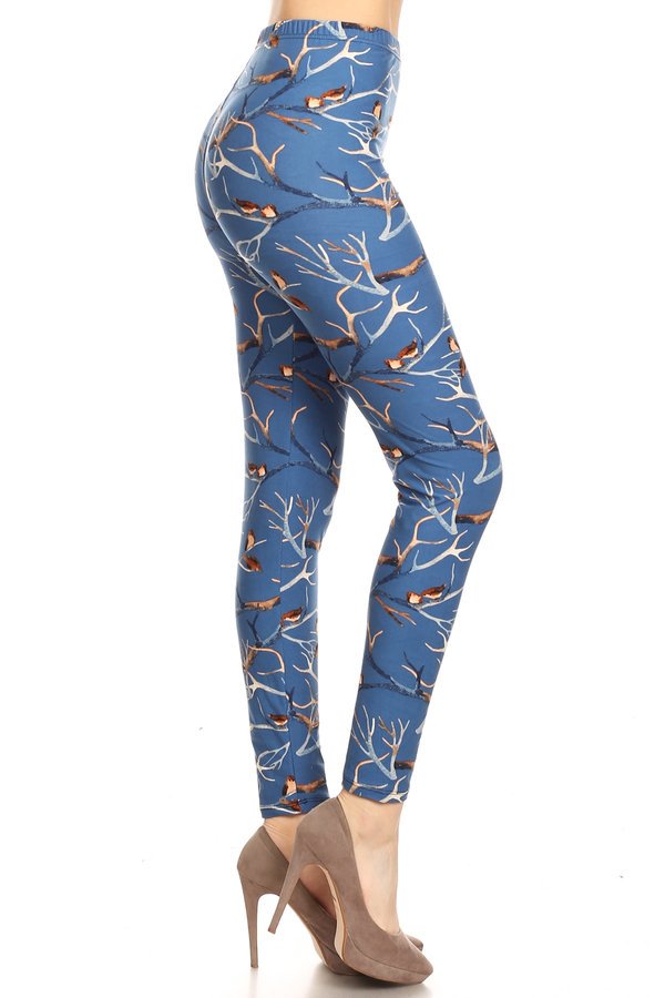 Blue ankle-length leggings with bird and branch print, one-size stretch fit