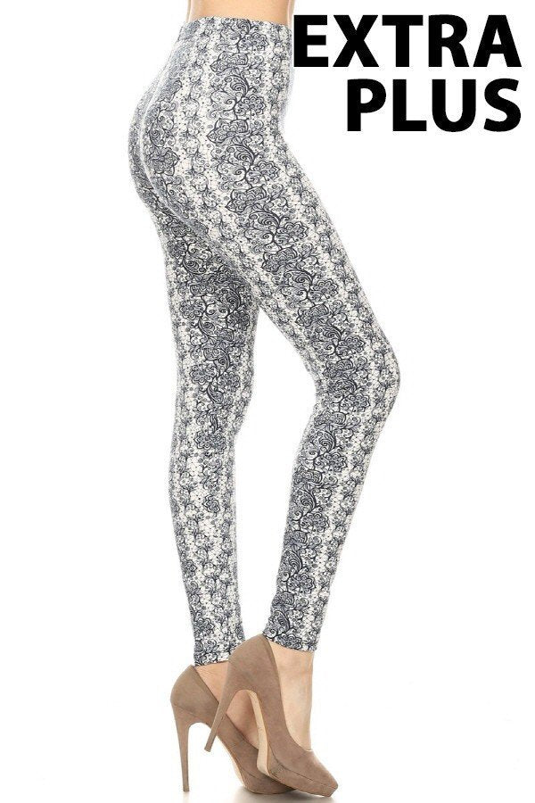 Brushed leggings with blue floral print, fitted stretch design