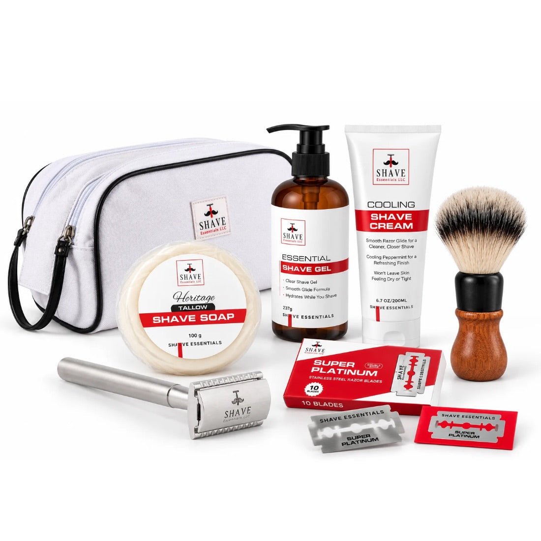 Grooming kit in white zip pouch with shaving brush, cooling cream, gel, soap, razor and blades