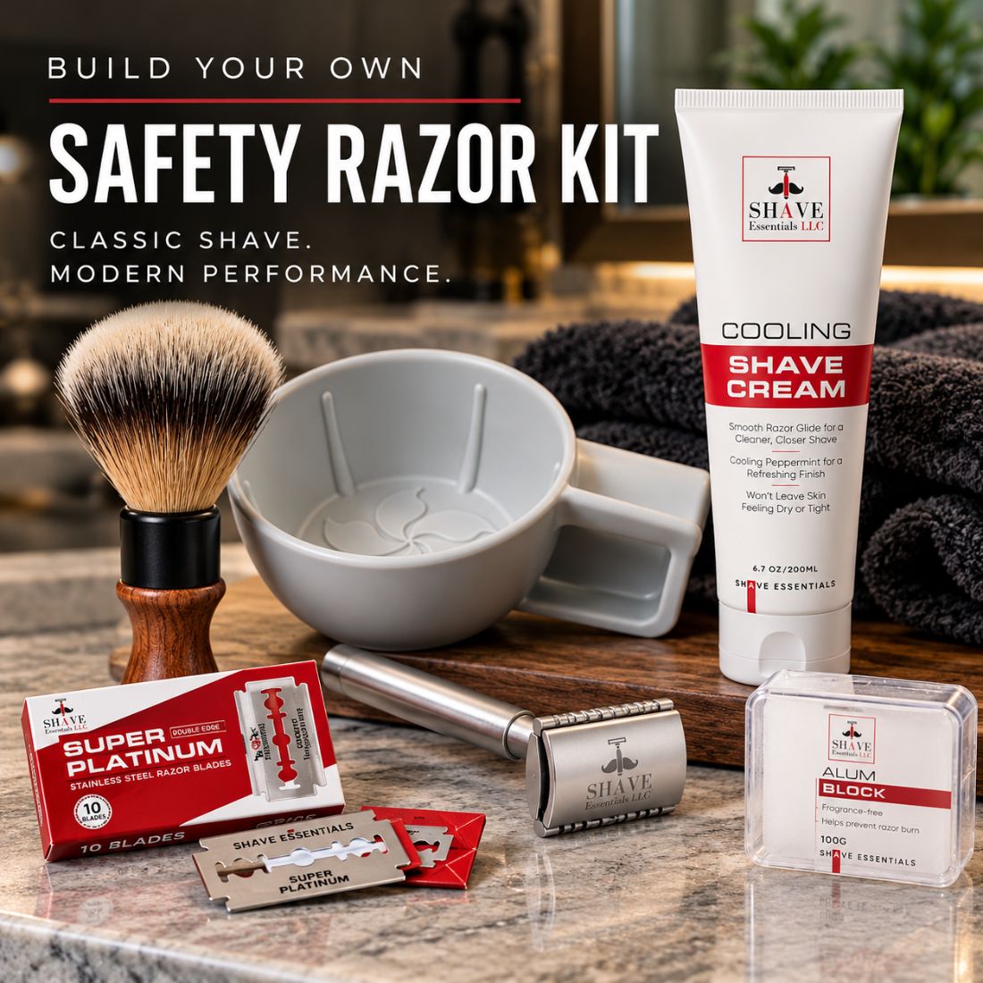 Grooming kit set with shaving brush, bowl, cooling cream, razor handle, blades and soap
