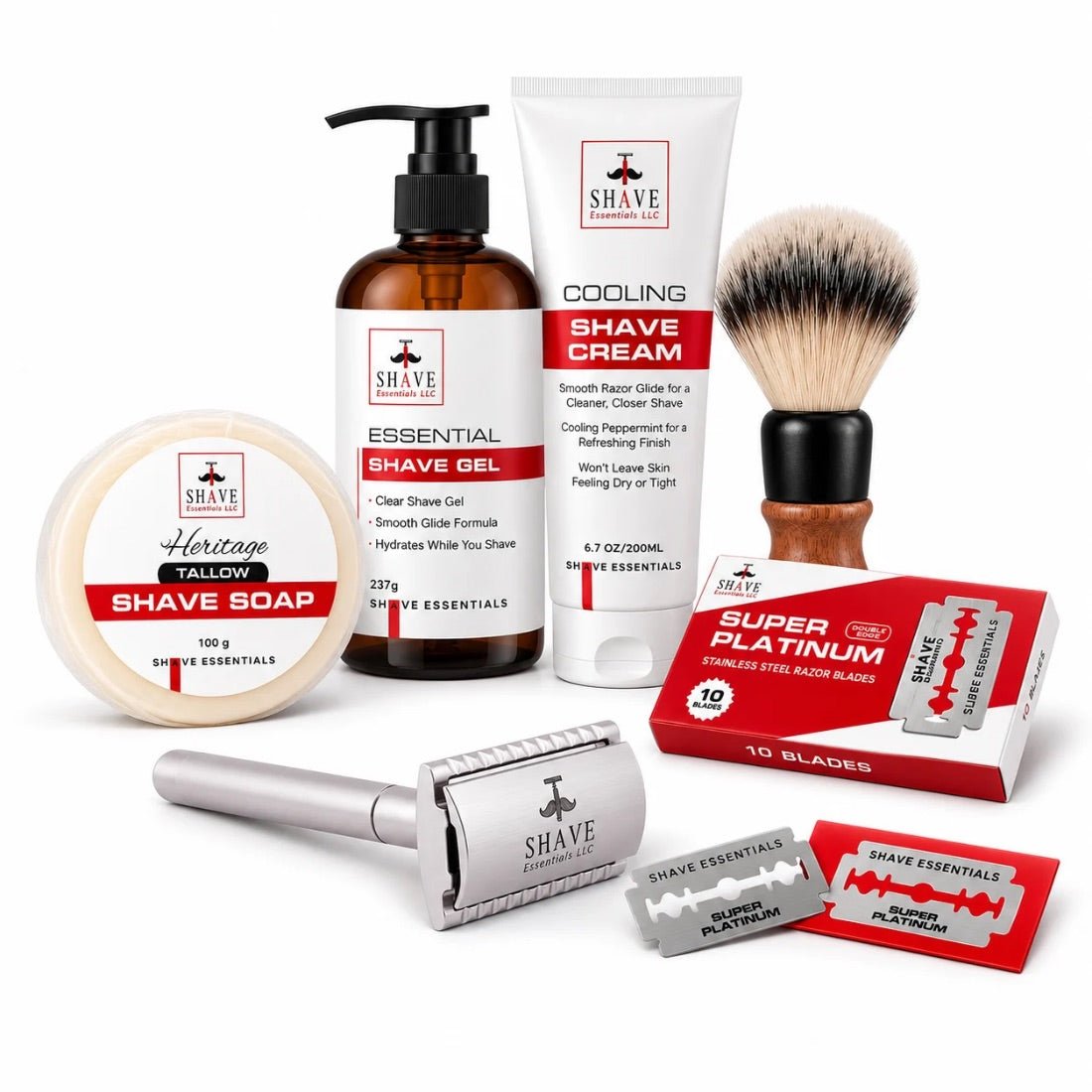 Grooming kit contents with pump gel, cooling cream tube, shaving brush, soap, razor and blades