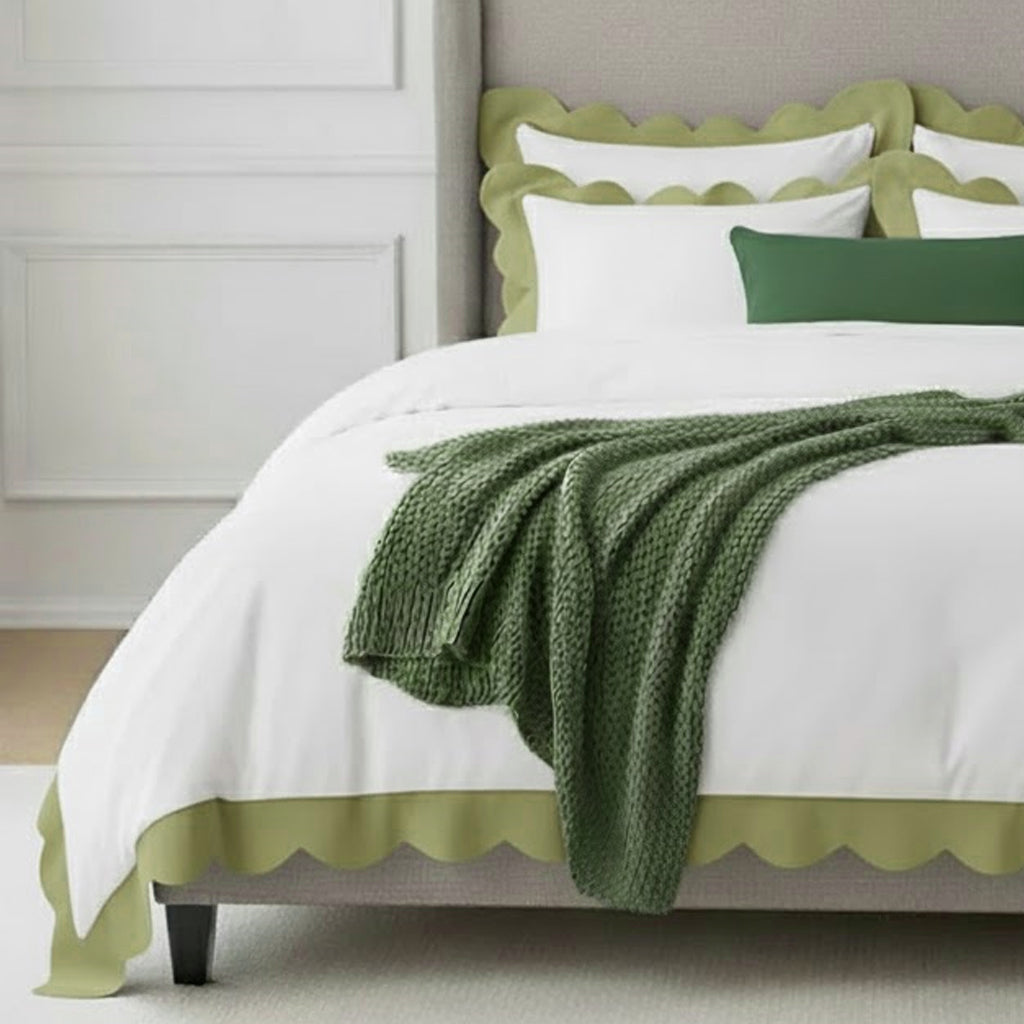 Cotton duvet cover set with white scalloped border and light green wavy applique embroidery