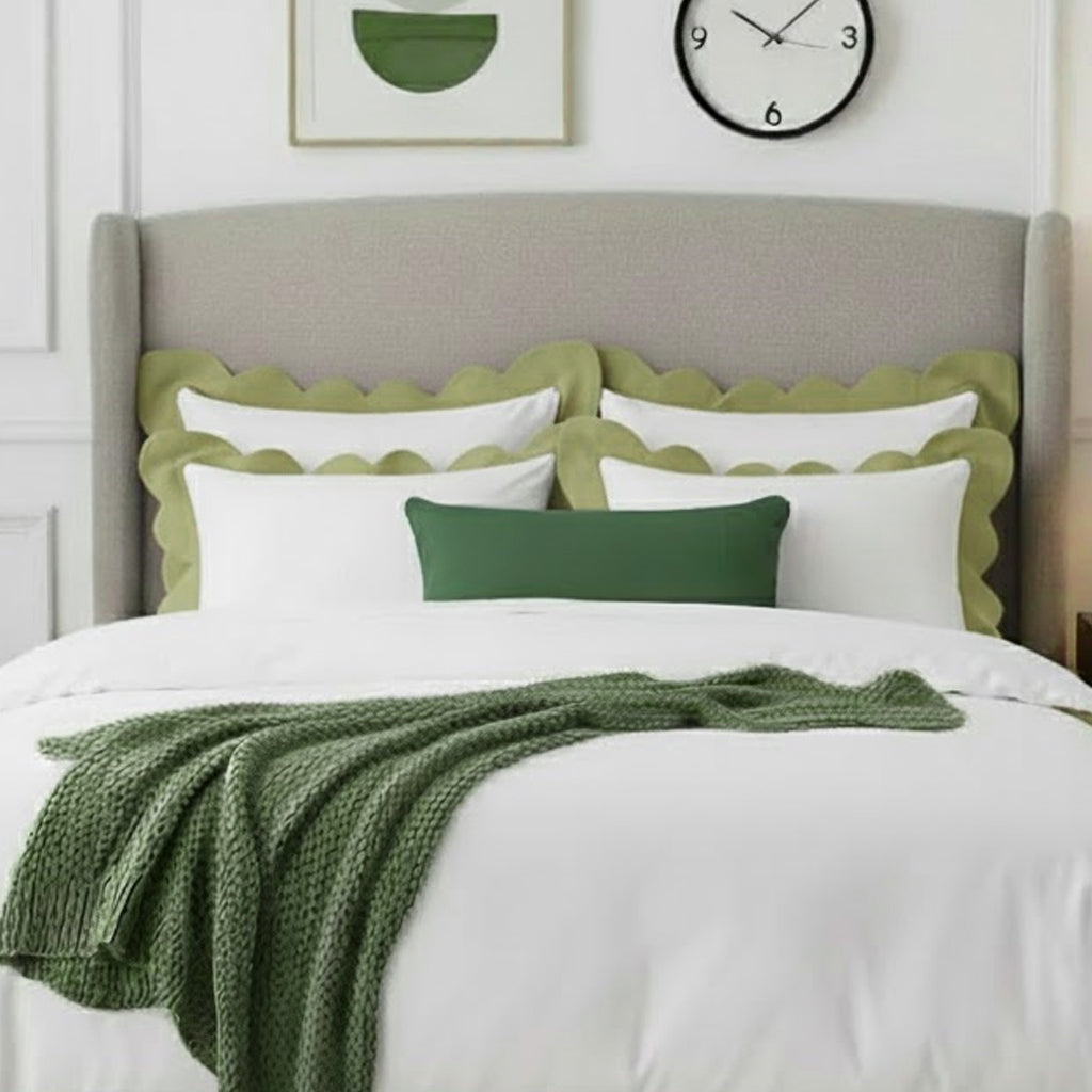 Cotton duvet cover set with wavy applique embroidery, sage scalloped border