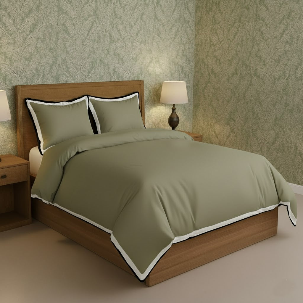 Sage green duvet cover set with white border frame and matching pillowcases
