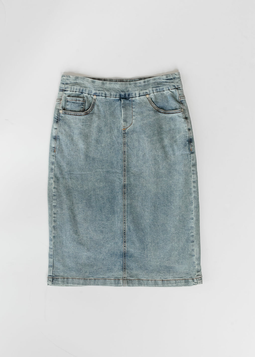 Light blue washed denim midi skirt, straight skirt with front button placket and pockets