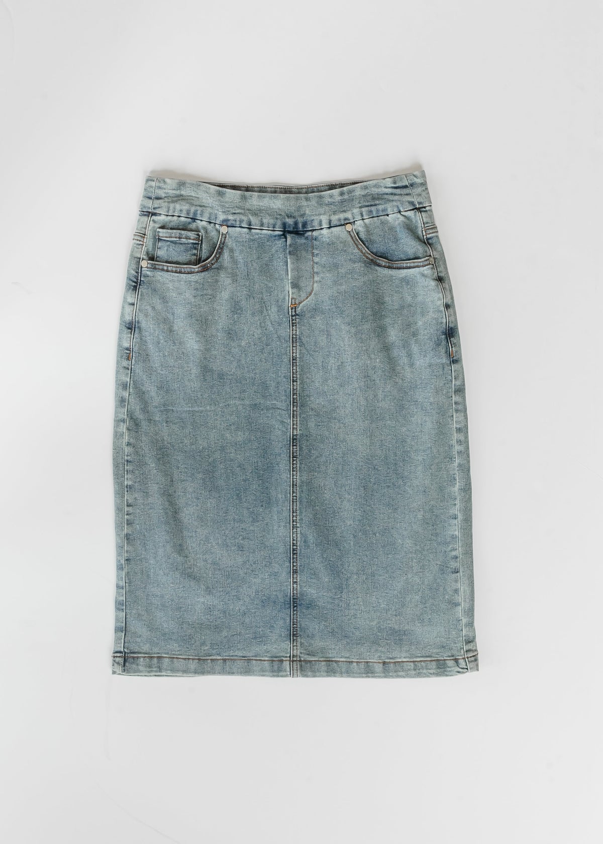 Light blue washed denim midi skirt, straight skirt with front button placket and pockets