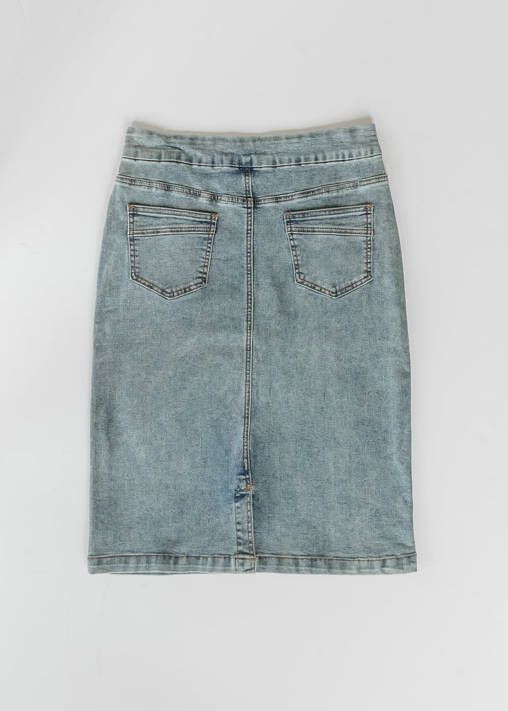 Light blue denim midi skirt with belt loops and two back patch pockets