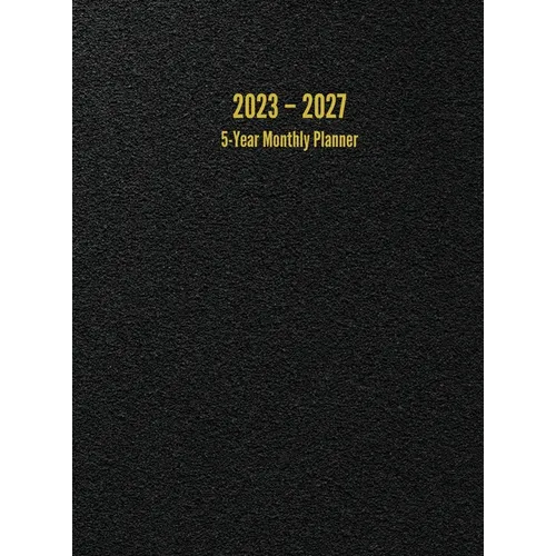 Large black hardcover 5-year monthly planner, 2023–2027 title on textured cover