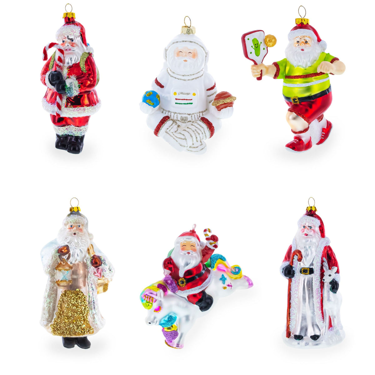 Assorted Santa-themed glass Christmas ornaments, each with gold hanging loop