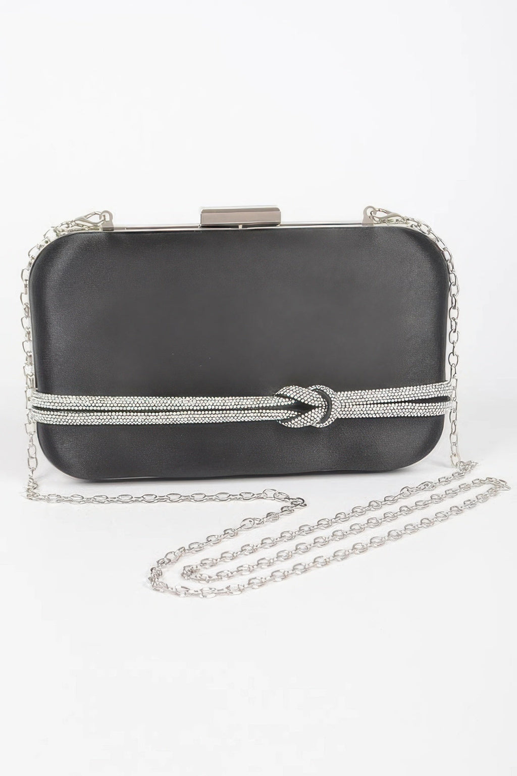 Black satin frame clutch bag with rhinestone chain strap and bow detail